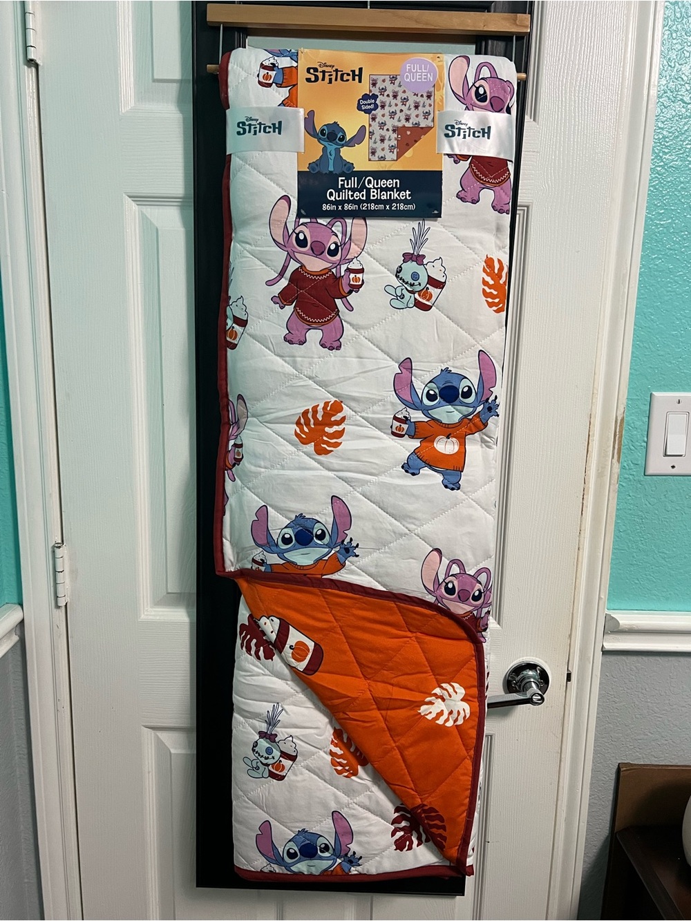 Disney Stitch & Angel Full/Queen Quilted Blanket - White & Orange